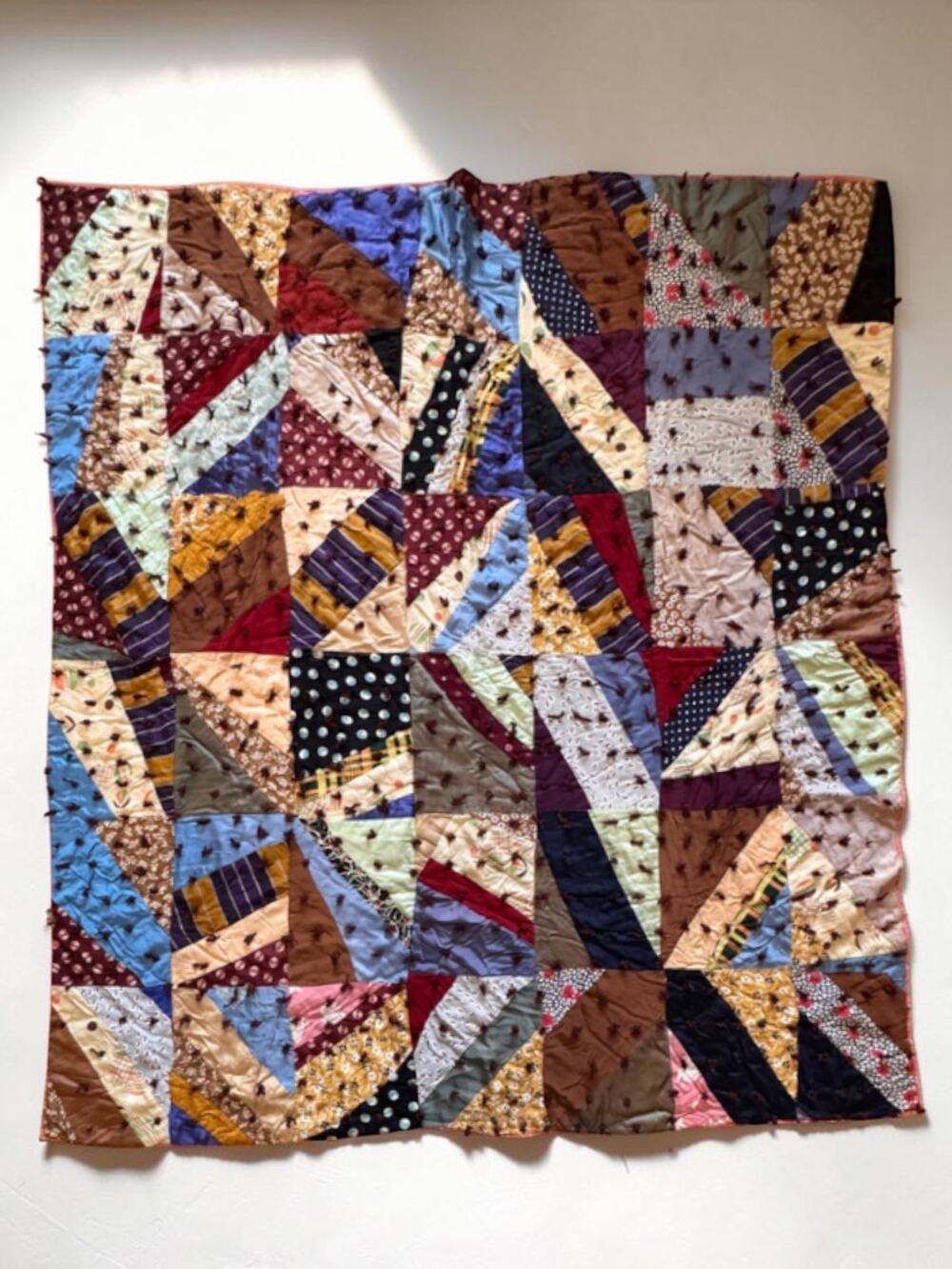 Vintage Antique Crazy Quilt 80”x70” Tieback Satin Silk Full Queen Handmade